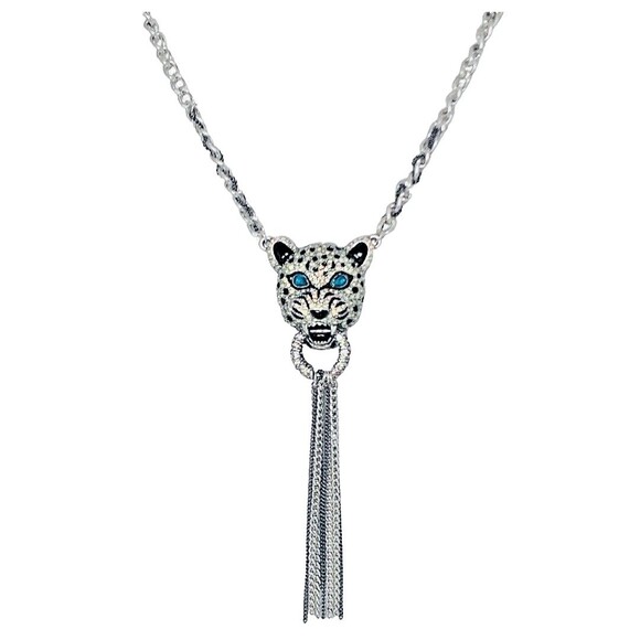 Betsey Johnson Crystal Snow Leopard Door Knocker Necklace 19" WHITEOUT - Picture 1 of 10